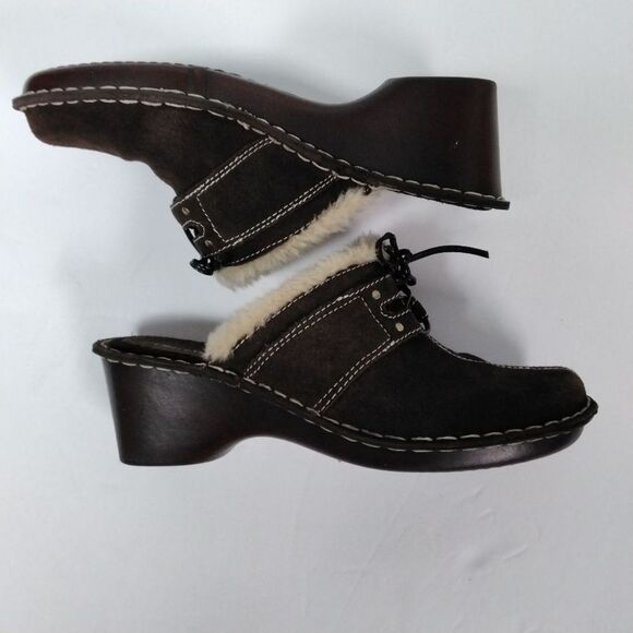 Bare Traps Decoy Clogs Mules Brown Suede Faux Fur Trim Block Heel  8.5M - Picture 2 of 9
